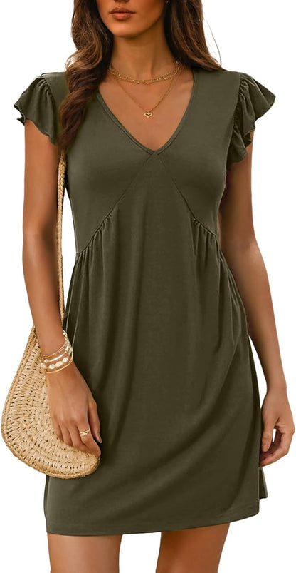 ✨Women's Summer  Beach Casual Deep V Neck Loose Sundress Ruffle Sleeve Mini Dress
