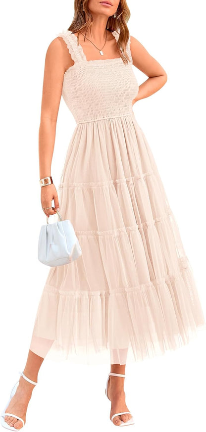 ✨Women's Casual Sleeveless Square Neck Smocked Ruffle Tulle Party Wedding Guest Dresses