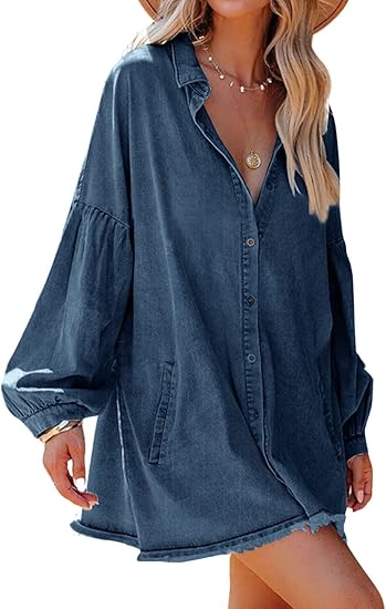 ⏰Hot Sale-Women's Oversized Distressed Denim Button Down Shirt Dress with Pockets