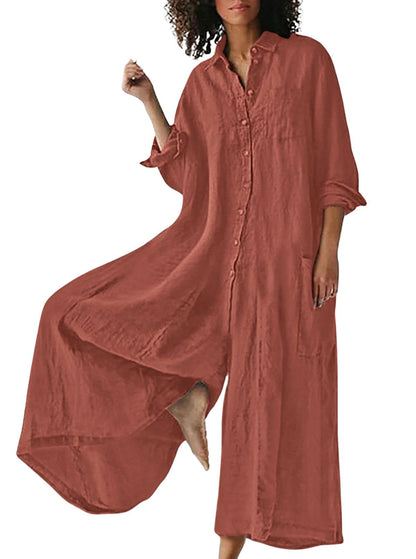 Women's Linen Button Down Long Sleeve Wide Leg Jumpsuit