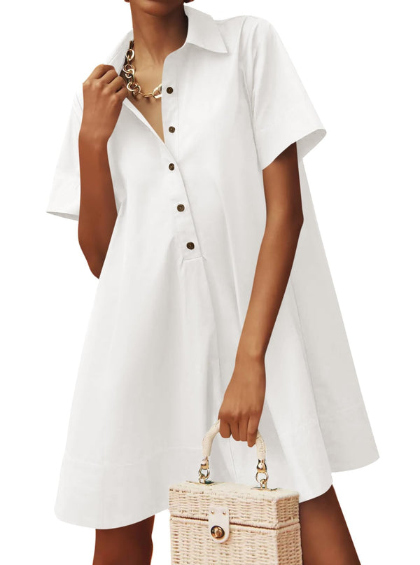 Women's Oversized Button-Down Shirt Dress, Casual Short Sleeve Collared Mini Dress