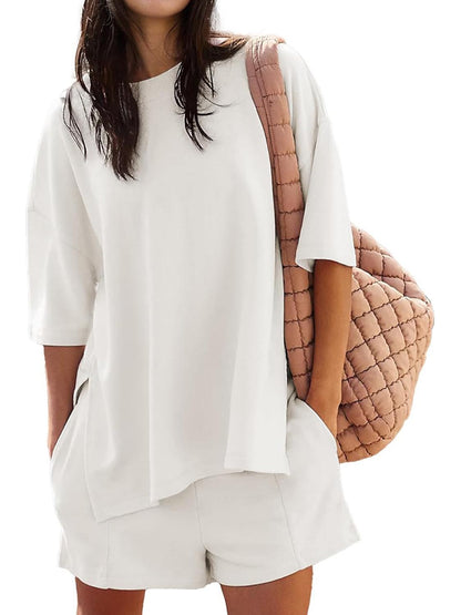 Women's Casual Solid Color Suit with Slit Top and Shorts