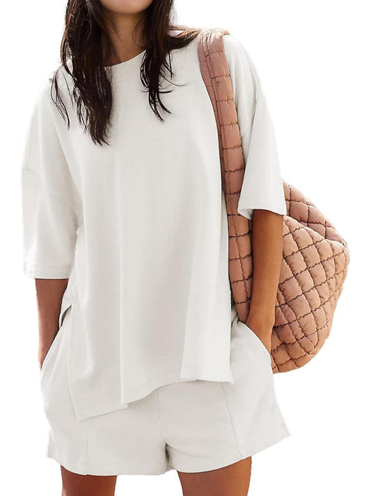 Women's Casual Solid Color Suit with Slit Top and Shorts