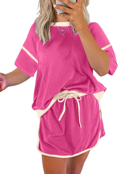 ✨Women's Summer Short Sleeve Tops Matching Drawstring Mini Skirt Lounge Sets