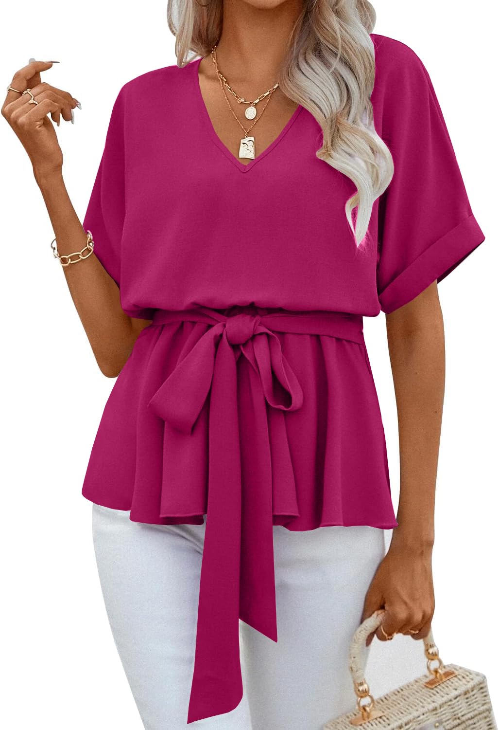 ✨Womens V Neck Blouse Short Sleeve Belted Casual T-Shirts Basic Tee Tops