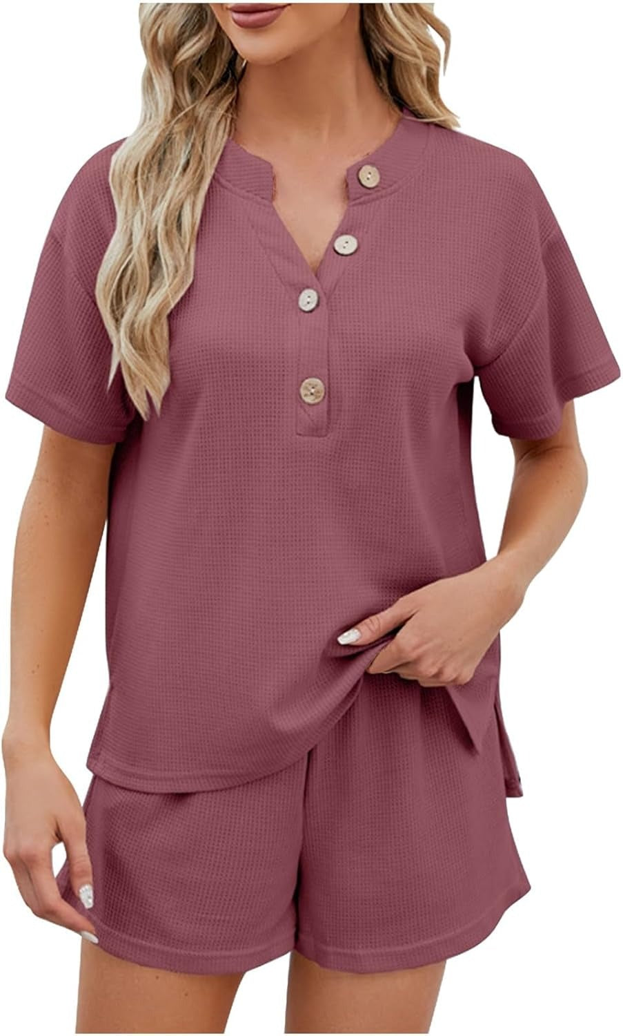 Women's Waffle Short Sleeve Button Top with Shorts Lounge Sets