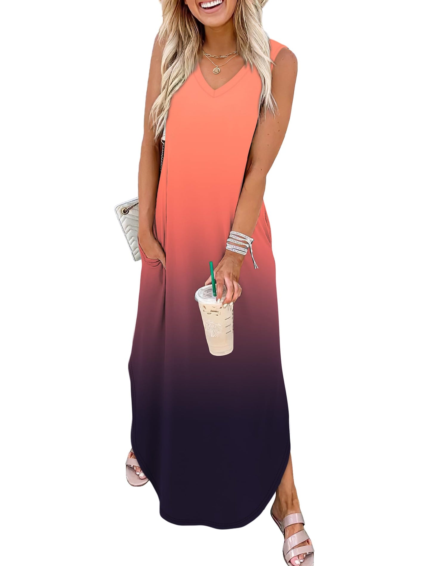 ⏰Hot Sale-Women's Boho Print V Neck Split Tank Long Dress with Pockets
