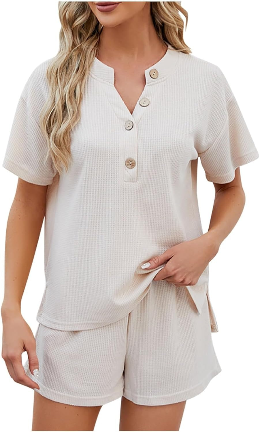 Women's Waffle Short Sleeve Button Top with Shorts Lounge Sets