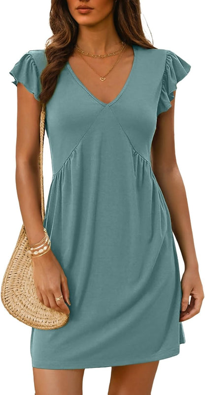 ✨Women's Summer  Beach Casual Deep V Neck Loose Sundress Ruffle Sleeve Mini Dress