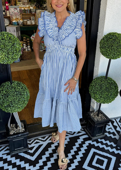 Women's Elegant V-neck Striped Ruffle Detail Midi Dress