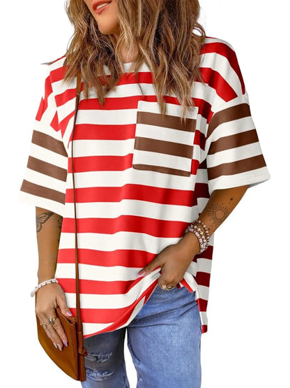 Womens Oversized Color Block Striped Tshirts Summer Casual Short Sleeve Tops