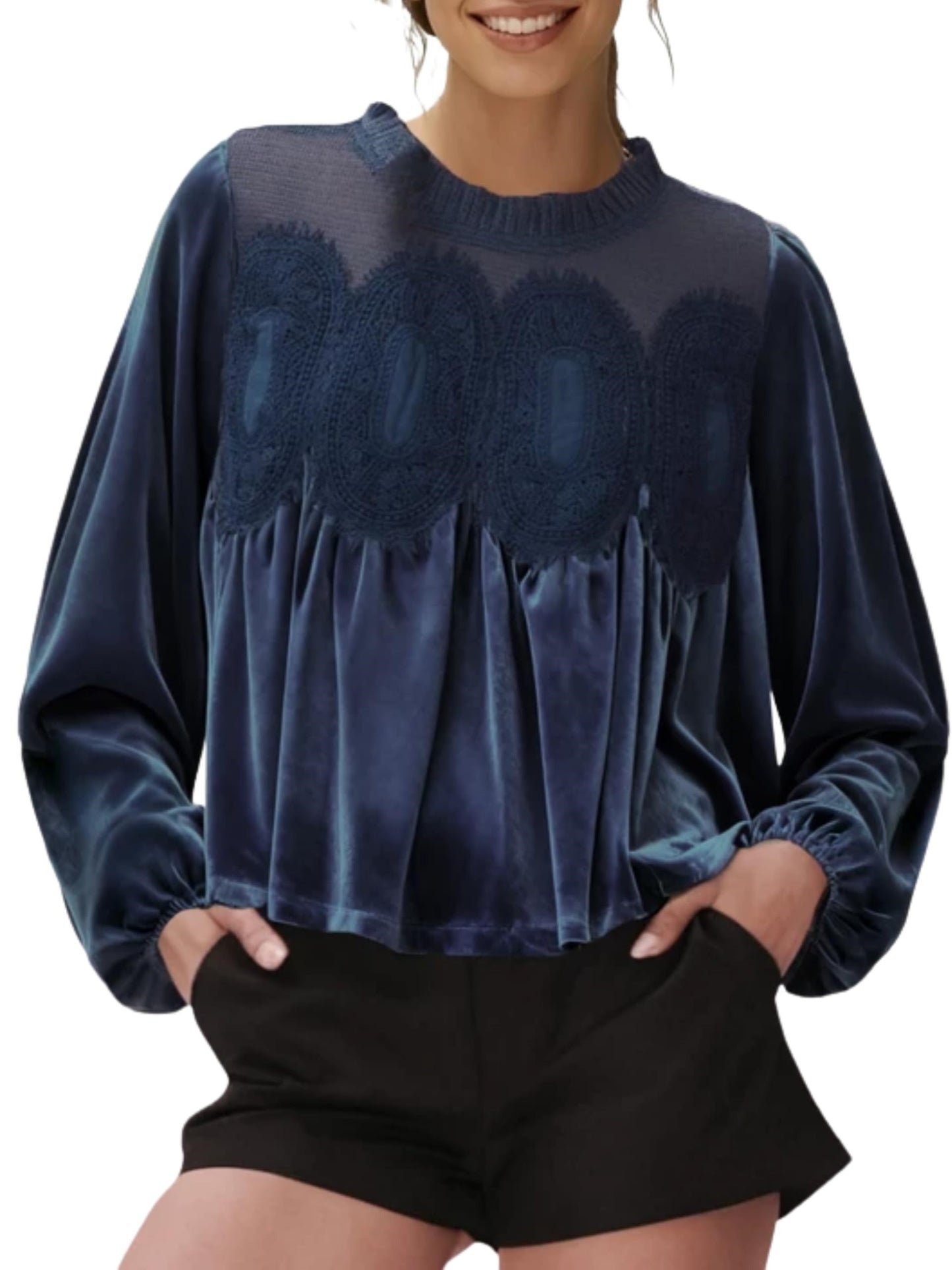 ⏰Hot Sale-Women's Long Sleeve Velvet Trim Lace Blouse Elegant Flared Swing Top