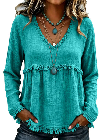 Boho V‑Neck Fringe Long Sleeve Top | Babydoll Loose Silhouette
