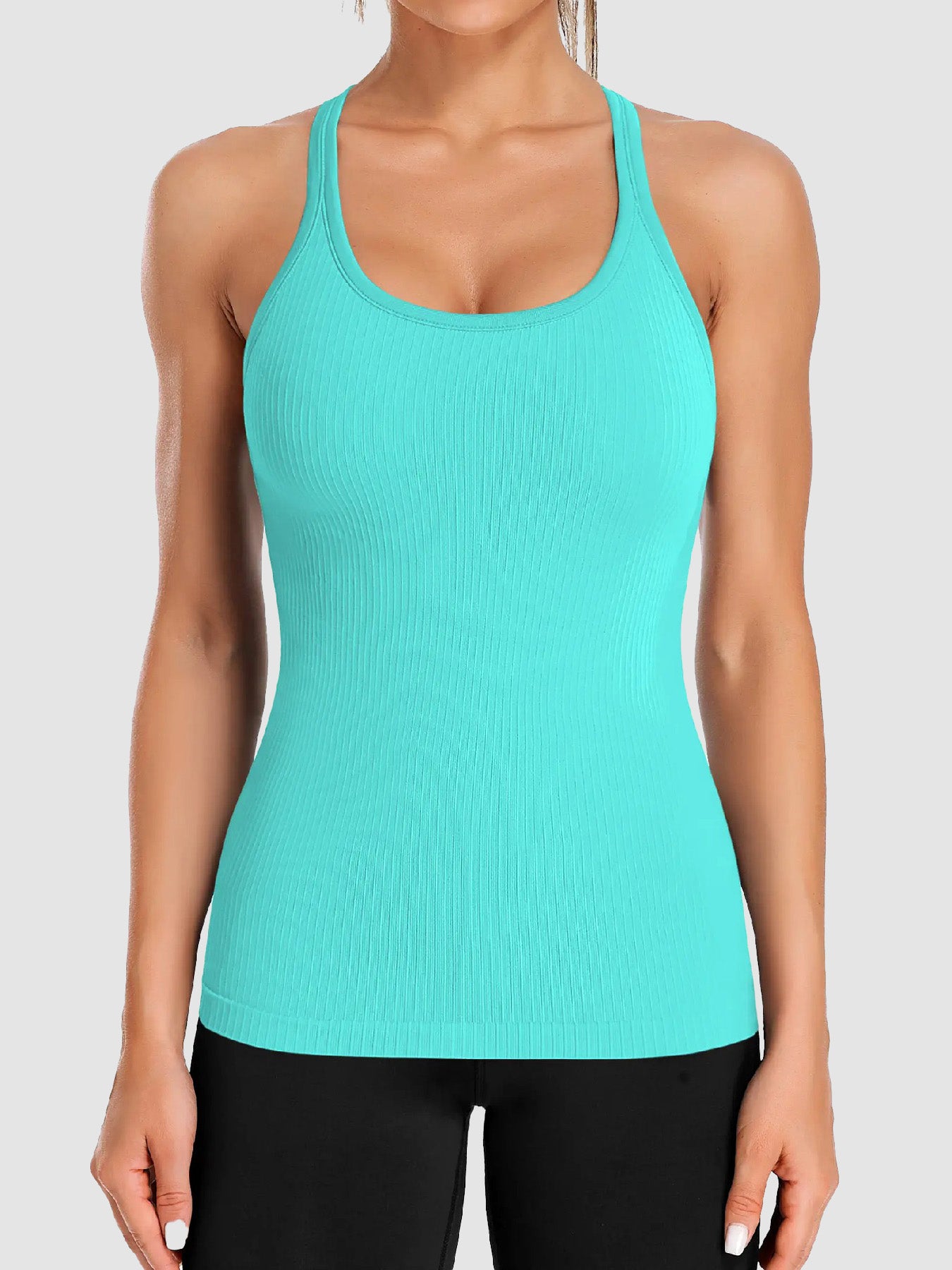Ribbed U Neck Built-in Chest Pad Y Back Sleeveless Sports Tank Top