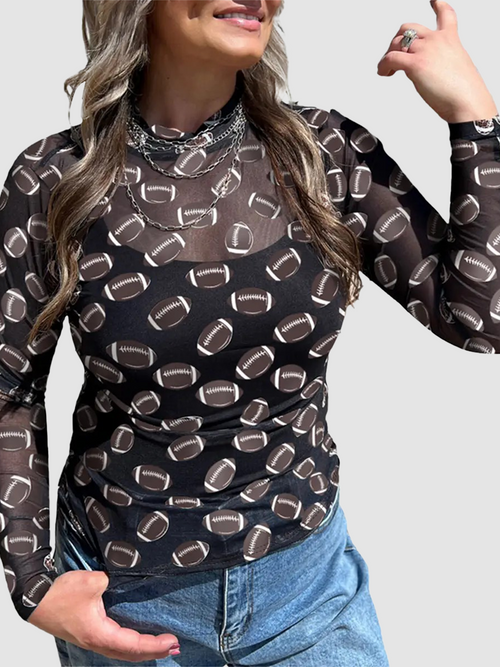 Fashion Football Print Mesh Mock Neck Layering Top