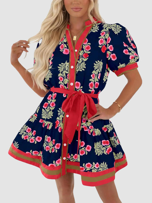 V Neck Puff Sleeve Floral Belted Tiered Mini Dress