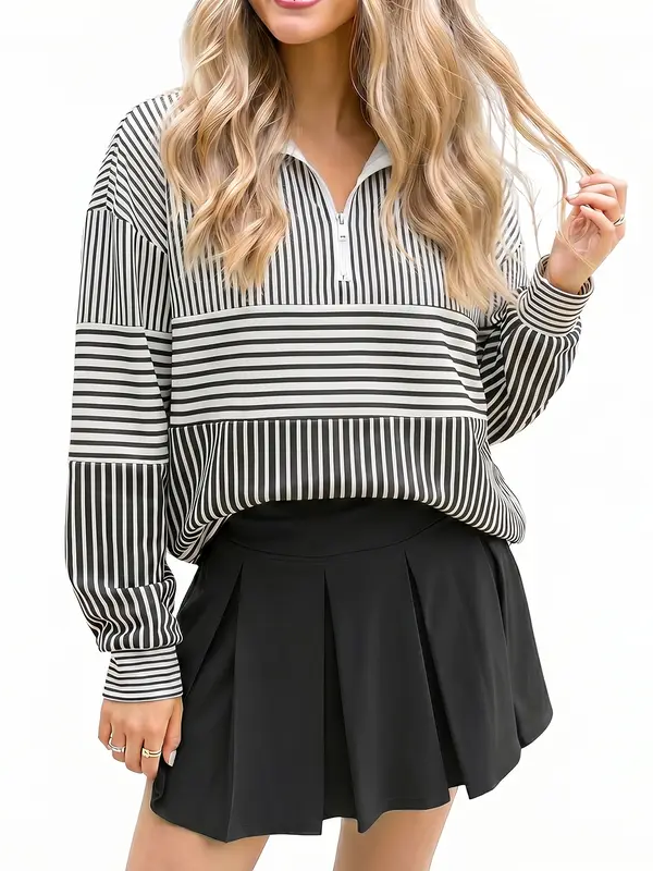 Quarter Zip Colorblock Striped Oversized Top