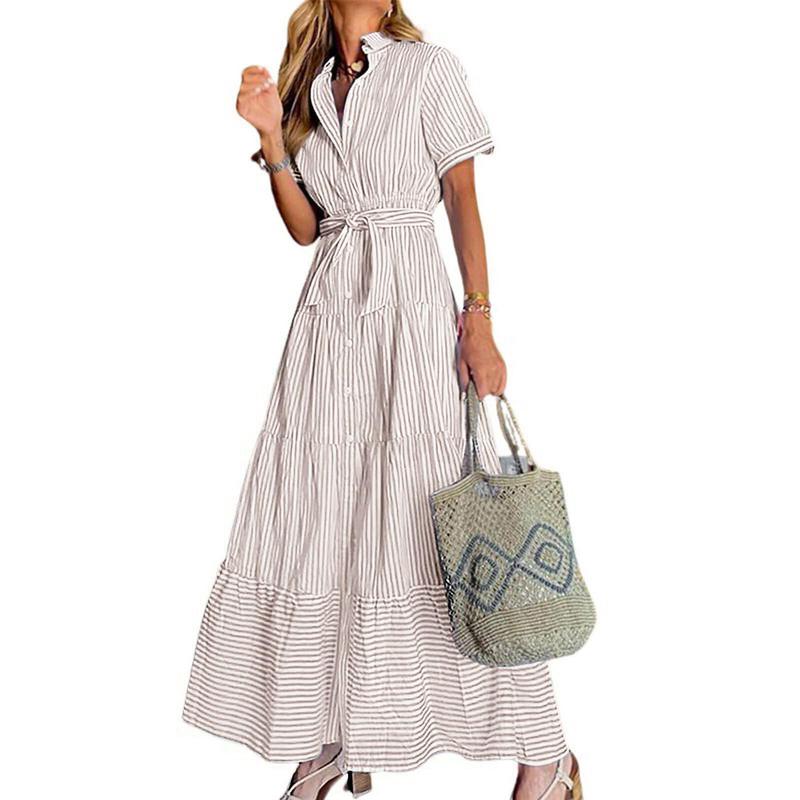 Women Button Down Striped Dress Lapel Collar Short Sleeve Dresses
