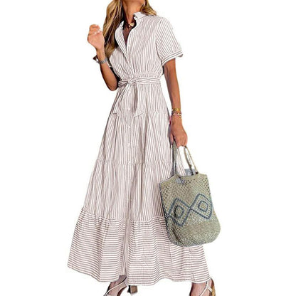 Women Button Down Striped Dress Lapel Collar Short Sleeve Dresses