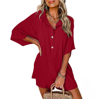 ✨Half Button Collared Loose Romper