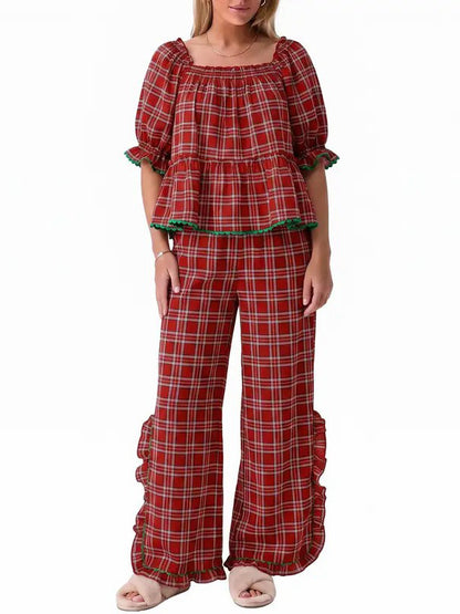 ✨Women's Christmas Plaid Ruffle Puff Sleeve Pajamas Set
