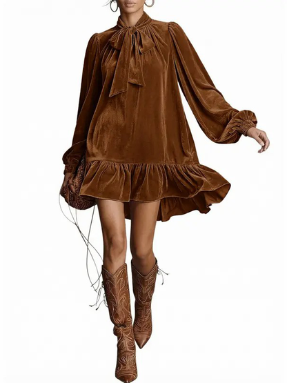 Women Tie Neck Long Sleeve A-Line Babydoll Mini Dress Ruffle Hem