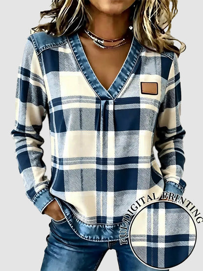 Hot Sale-Women's Fake Denim Patchwork Print V Neck Top