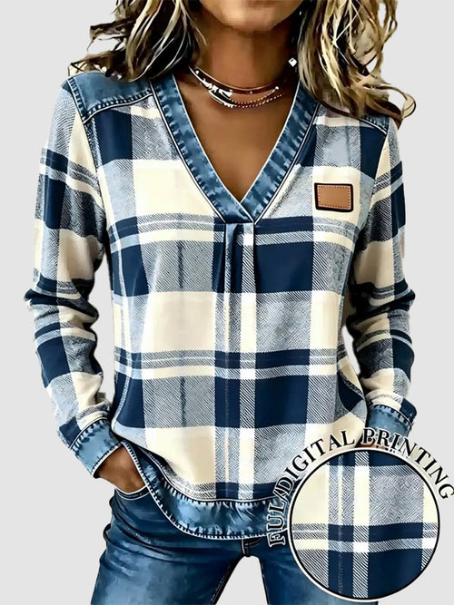 Hot Sale-Women's Fake Denim Patchwork Print V Neck Top