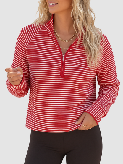 Hot Sale-Women's Striped Half Zip Stand Collar Cropped Pullover