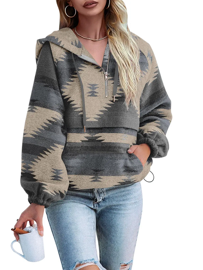 Western Boho Loose Fit Long Sleeve Hooded Pullover, Aztec Print Casual Sweatshirt For Ladies