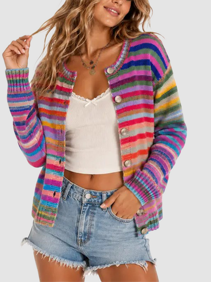 Women Sweet Casual Rainbow Stripe Open‑Front Long‑Sleeve Knit Cardigan