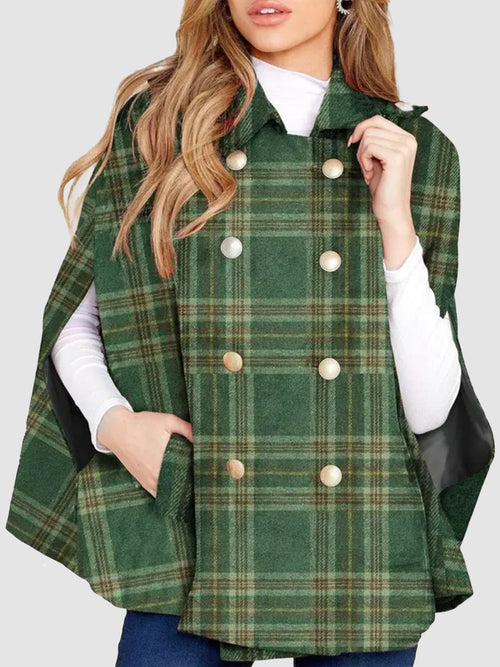 Women Plaid Double‑Breasted Cape Coat Turn‑Down Collar Poncho With Pockets