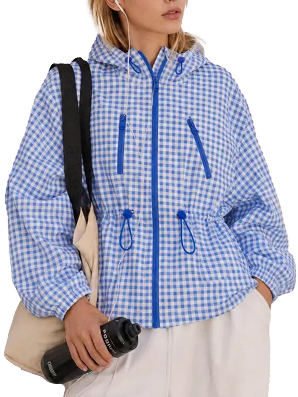 Women Gingham Hooded Water‑Resistant Windbreaker Jacket
