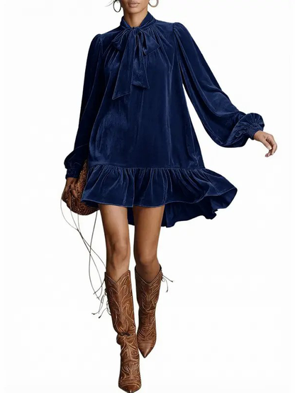 Women Tie Neck Long Sleeve A-Line Babydoll Mini Dress Ruffle Hem
