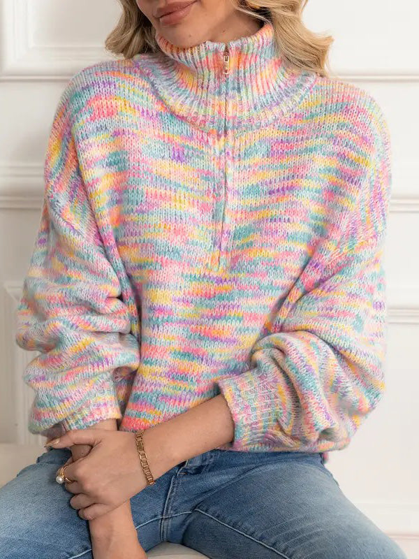 Hot Sale-Women's Oversized Rainbow Marled Half Zip Knit Sweater