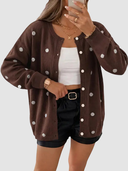Women Casual Dot Print Open Front Oversized Knit Sweater Coat