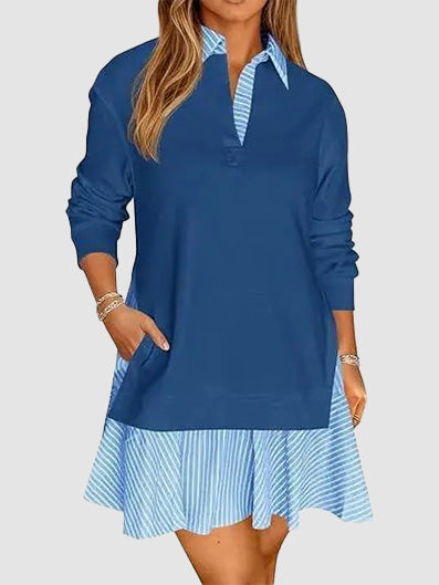 Women's Oversized Collared V Neck Patchwork Sweatshirt Dress