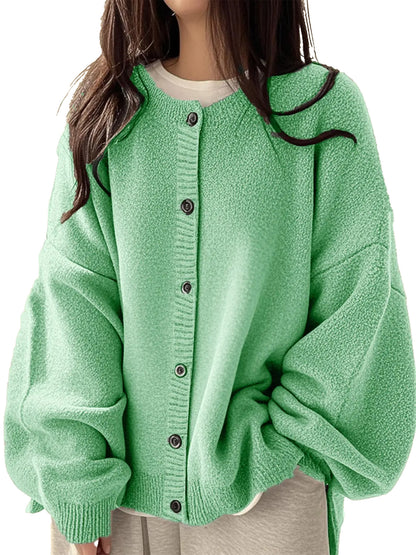 Loose Round Neck Knit Cardigan & Basic Button‑Up Lantern‑Sleeve Outer Top