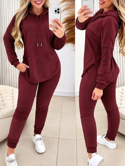 Women's Solid 2-Piece Outfit Drawstring Hooded Long Sleeve Top & Slim Fit Casual Pants
