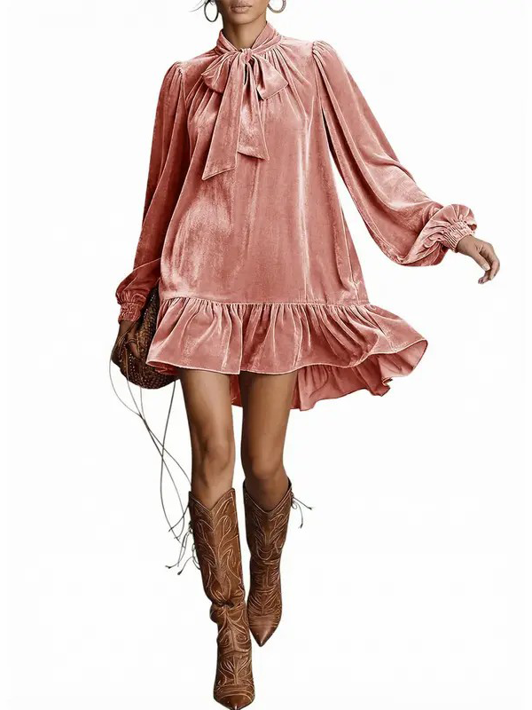 Women Tie Neck Long Sleeve A-Line Babydoll Mini Dress Ruffle Hem