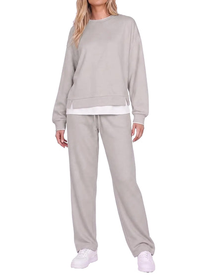 Women Fake Layered Crewneck Top And Jogger Pants Set