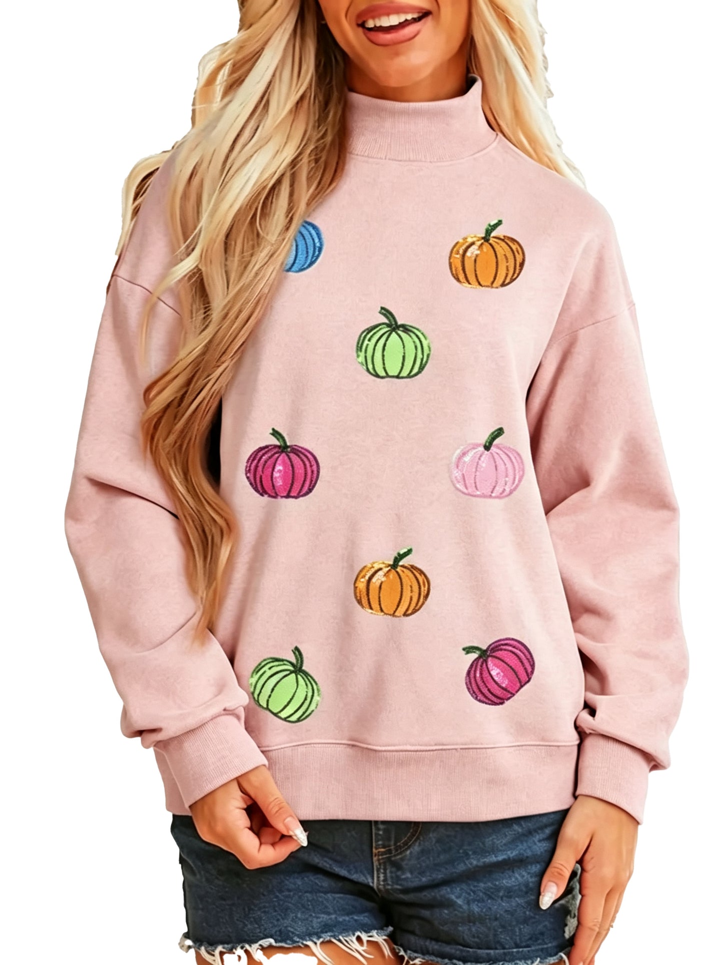 Women Sequin Pumpkin Pattern Mock Neck Sweatshirt Casual Pullover Tops