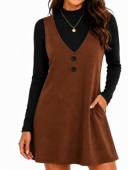 Women 2‑Piece Set Long‑Sleeve Top & Pinafore Dress With Pockets