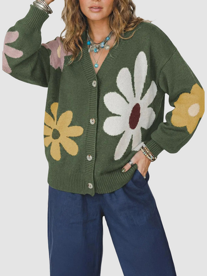 V-Neck Floral Pattern Button Knit Cardigan