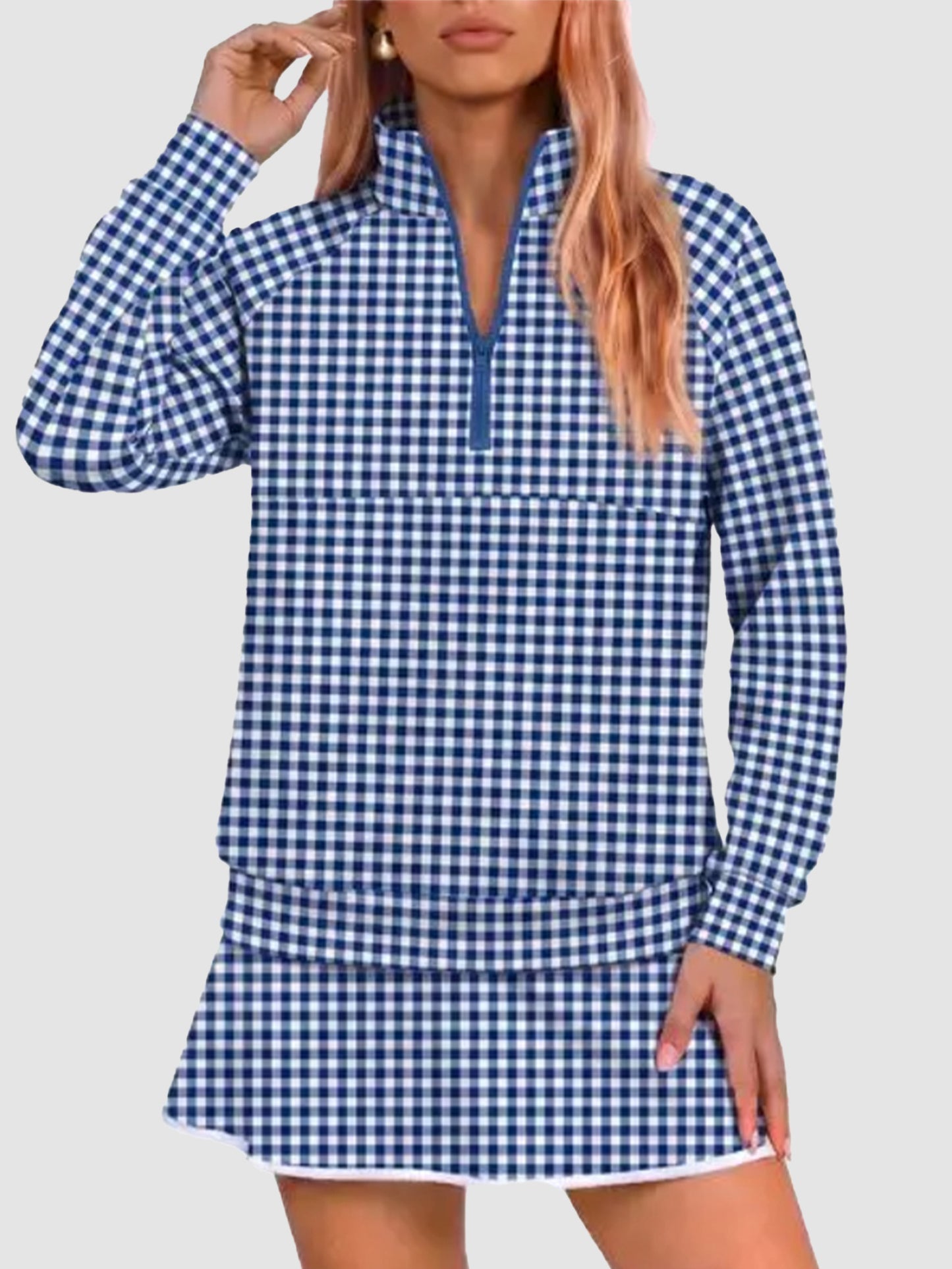 Women Classic Gingham Half‑Zip Top & Layered Skort Casual Sports Two‑Piece Set