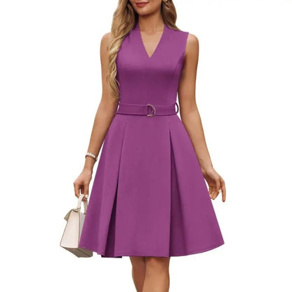 Women's Sleeveless V-Neck A-Line Dress with Belt