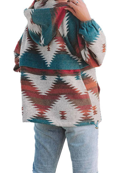 Western Boho Loose Fit Long Sleeve Hooded Pullover, Aztec Print Casual Sweatshirt For Ladies