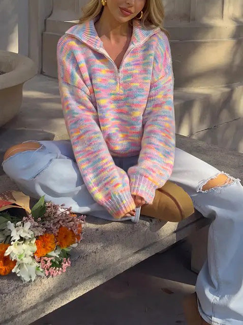 Hot Sale-Women's Oversized Rainbow Marled Half Zip Knit Sweater