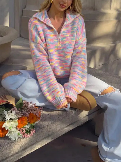 Hot Sale-Women's Oversized Rainbow Marled Half Zip Knit Sweater