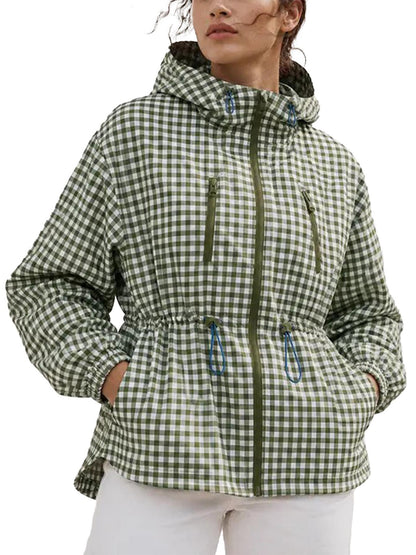 Women Gingham Hooded Water‑Resistant Windbreaker Jacket